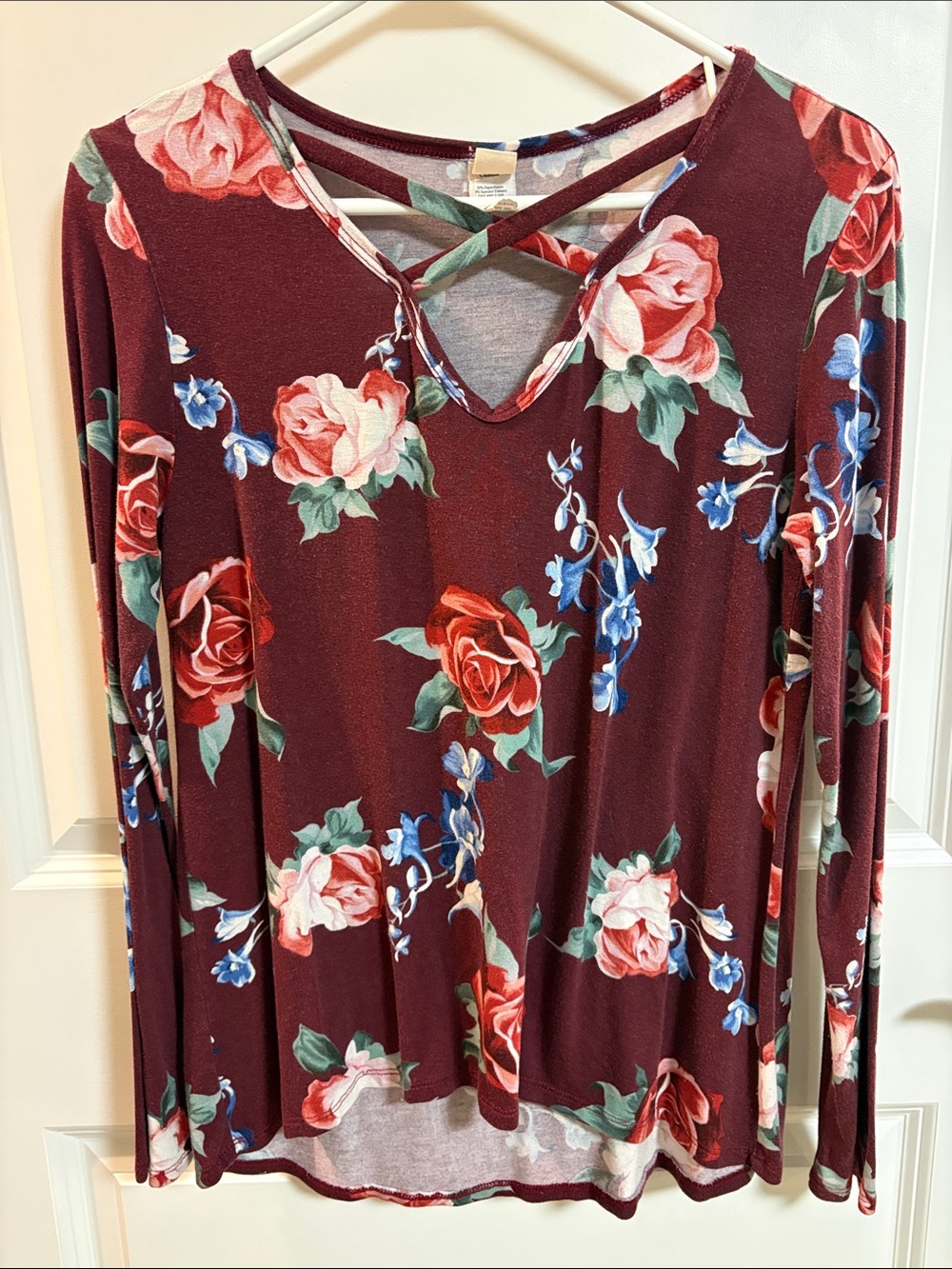 7th Ray Burgundy Floral Crisscross V-Neck Long Sleeve Top